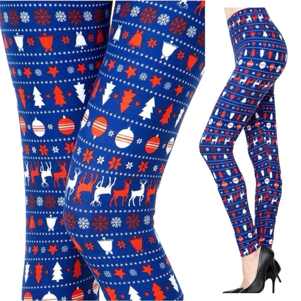 NWT! PLUS Blue Deer Tree Christmas Print Brushed Full Soft Leggings (1x-3x)